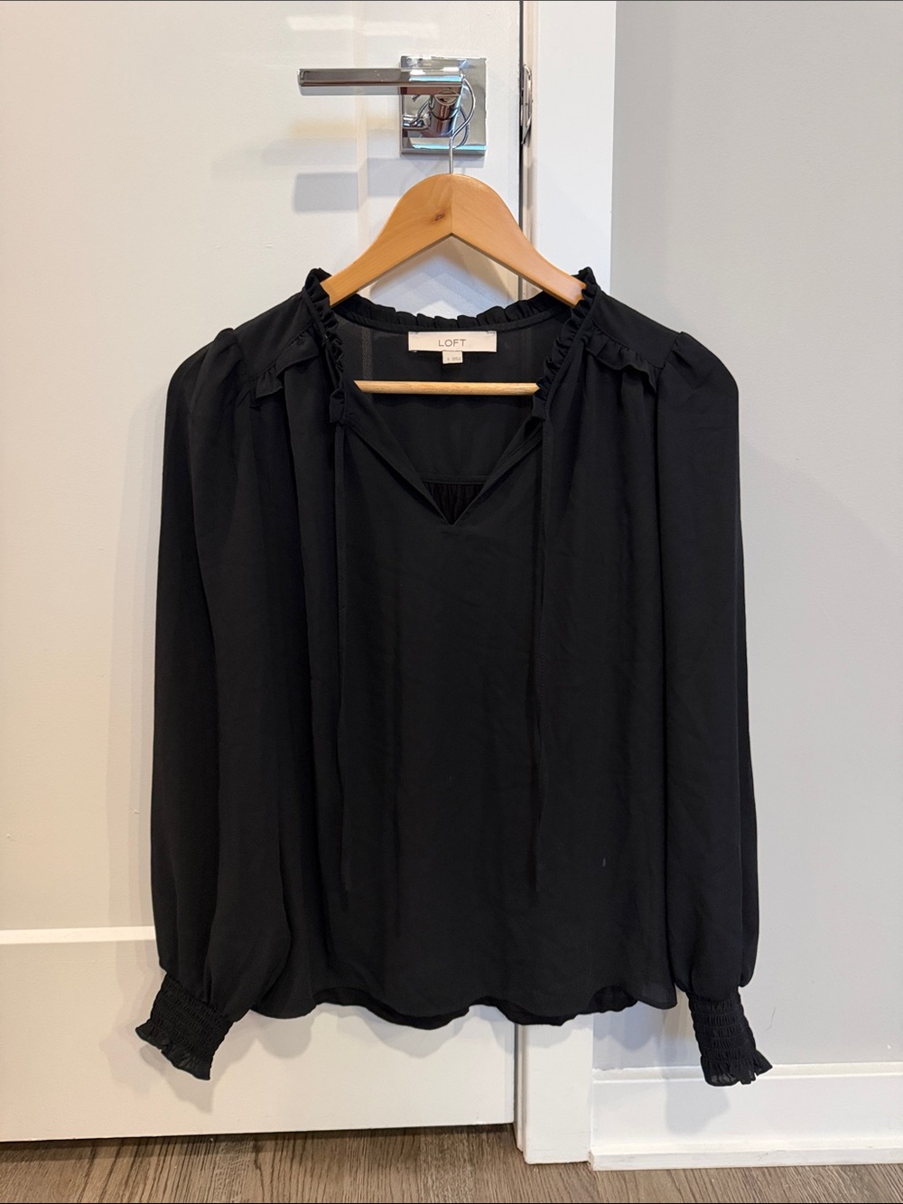 LOFT Black Ruffle Tie-Neck Long Sleeve Blouse